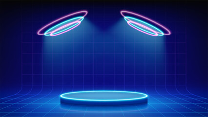 Futuristic blue stage, spotlights, podium. Mesh floor with round podium illuminated by circular magenta blue neon, led. Background for displaying products, presentation. Backdrop. Showcase. Vector