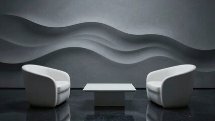 Modern minimalist lounge with white chairs and wavy wall