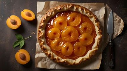 Fresh Homemade Apricot Tart with Golden Crust and Mint Garnish