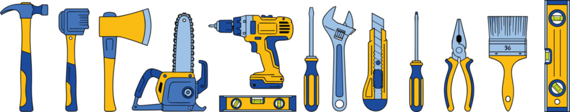 Flat vector illustration set of professional construction tools including drill, hammer, saw, and wrench for home improvement projects.