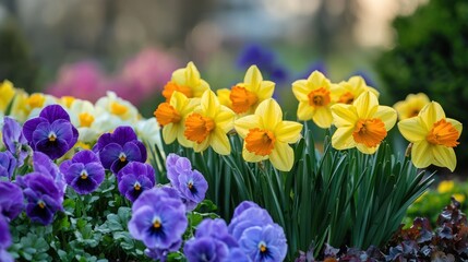 Obraz premium A family-friendly backyard garden with flowers like daffodils, pansies, and begonias, creating a welcoming environment for outdoor activities.
