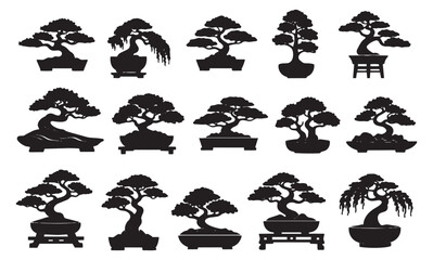 Obraz premium Silhouette bonsai tree set featuring various shapes of traditional potted plants for oriental garden design