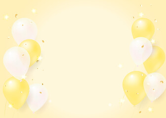 YELLOW Birthday Background with White Balloons and stars  Copy Space Soft Pastel Design
