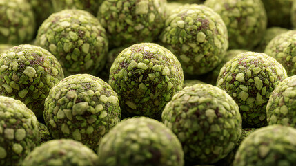 Obraz premium Macro pistachio ice cream balls, creamy green tone, densely packed