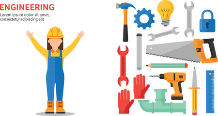 Professional female engineer character with industrial construction tool set including drill saw hammer and safety equipment for engineering building maintenance 