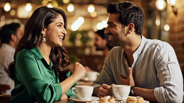 Happy young couple talking on a romantic date in a cafe. Man and woman drinking coffee and flirting at a restaurant table. Relationship and lifestyle concept