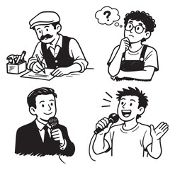 Hand drawn line art characters set featuring men and a person thinking, writing, and speaking for various concepts