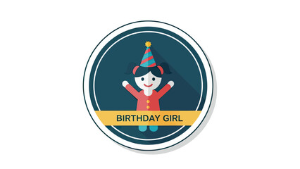 Flat illustration of a girl in a party hat, arms raised, in a circle with "BIRTHDAY GIRL