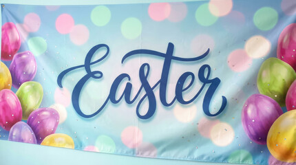 Easter text in cursive with pink yellow and green bokeh lights on a light blue background with colorful eggs