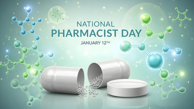 National pharmacist day on january 12th with a capsule and molecular structures banner, ads, post design, vector illustration, stock image, eps file. World Pharmacists day social media design