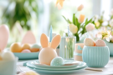 Easter table setting with bunny shaped candles and pastel tableware for spring decor