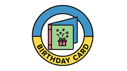 Colorful birthday card icon in a circular frame, with the words "BIRTHDAY CARD