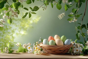 Colorful easter eggs in wicker basket surrounded by flowers for spring celebration