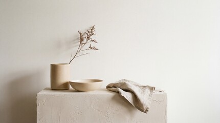 Neutral decor arrangement with a vase, bowl, and cloth on a textured surface in a minimalist setting