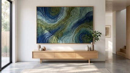 Abstract art with swirling blue and green patterns hangs above a wooden console table in a minimalist living room