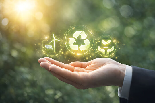 A gentle hand presenting glowing icons of renewable energy recycling and foliage symbolizing environmental sustainability and a greener future