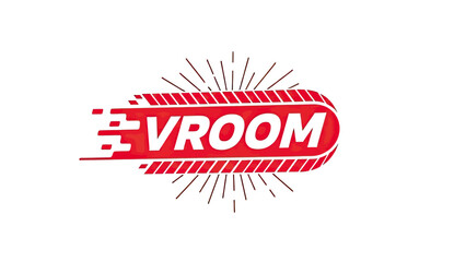 A red, streamlined shape with "VROOM" in white, motion lines, and a burst of lines against white