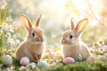 Playful rabbits in a sunlit garden with colorful easter eggs