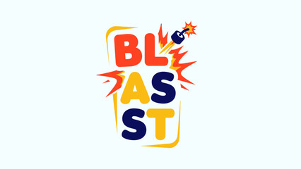 Colorful "BLAST" text design with an exploding bomb element, set against a light background