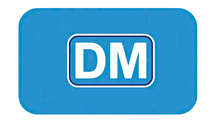 A rounded rectangular blue background with a white box containing the white letters DM