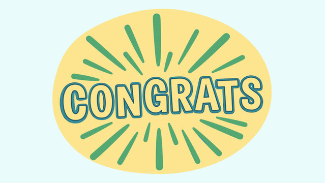 Congrats" text in a shadowed blue font, placed on a yellow oval with green bursts, on a light blue backdrop