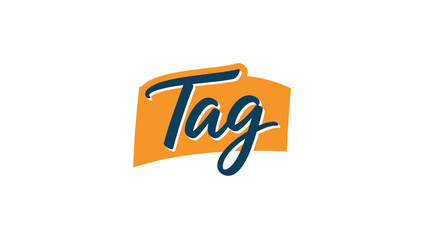 A logo featuring the word "Tag" in navy blue script over a curved orange shape