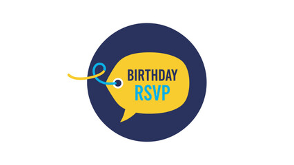 A birthday RSVP graphic features a speech bubble within a navy circle, with string detail