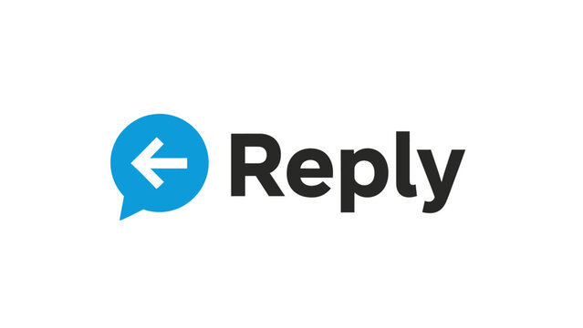 A blue chat bubble with an arrow pointing left, next to the word "Reply" in black text