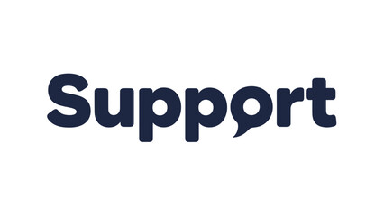 A dark blue word "Support" in a rounded font with a speech bubble replacing the "o" on a white background