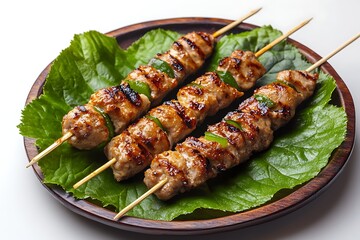 Grilled meat skewers on a wooden plate with green leaves