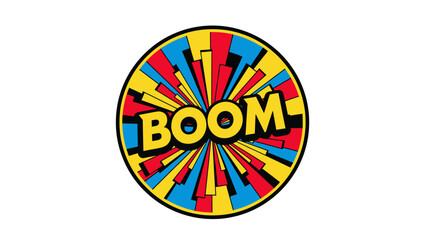 A vibrant comic-style "BOOM" explosion graphic, circular and colorful © gudangPIXEL