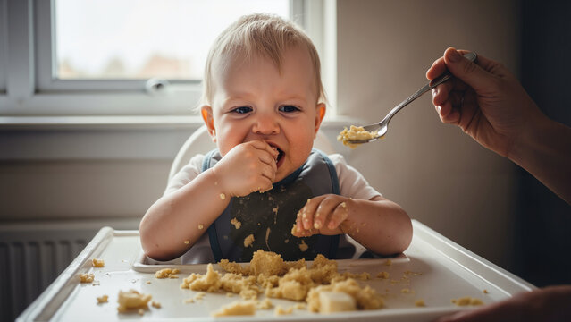 Toddler engaging in primal act of self-feeding with messy food at home  