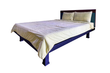 Simplistic steel bed with bedding and pillow