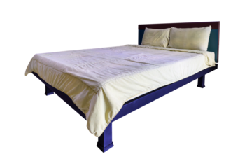 Simplistic steel bed with bedding and pillow