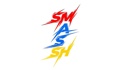 The word "SMASH" in stylized, jagged font, vertically stacked in red, blue, and yellow