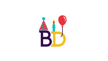 Graphic of "B.D" with a party hat on the "B", a candle, and a balloon on white