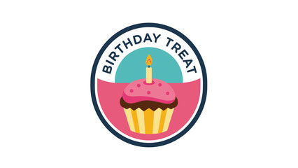 Circular emblem "Birthday Treat" around a cupcake with candle. Bright colors. White background
