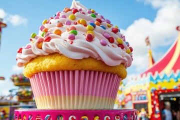 A giant cupcake standing in a colorful fairground under a bright sky, AI-generated.