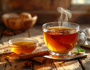 Steaming tea with cinnamon and honey