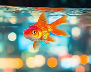 A surreal giant goldfish swimming underwater with colorful bokeh lights, AI-generated.