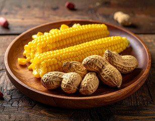 Corn and peanuts on wooden plate