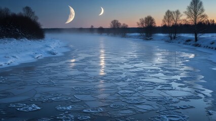 Winter landscape frozen river moon reflection