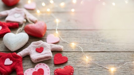 Valentine's day craft event featuring handmade hearts and sweaters on rustic wood background with fairy lights in a cozy environment for diy enthusiasts