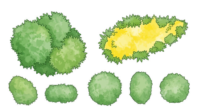 Watercolor tree icon set, yellow hand drawn bush top view, vector green architecture map design kit. Garden park abstract sign, nature environment plan landscape layout object. Flat tree top crown art
