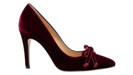 A high-heeled shoe, in dark red velvet, featuring a bow, on a black background
