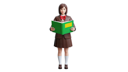 3D render of a Japanese schoolgirl reading a book