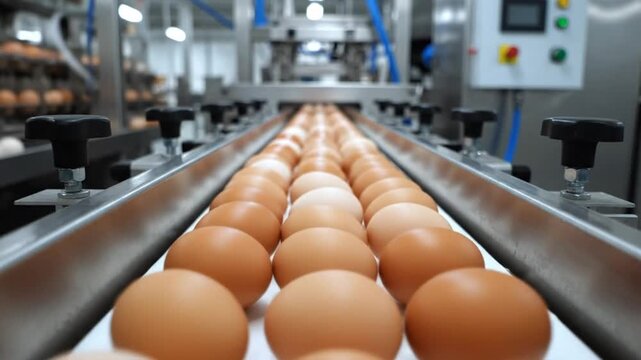 Automated egg processing in a modern food factory with brown eggs rolling along a conveyor belt in a processing plant