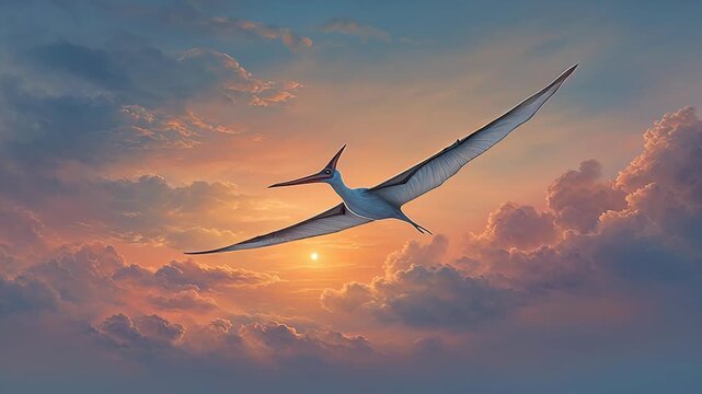 Pterodactyl Flying Through Dramatic Sunset Sky Above Clouds