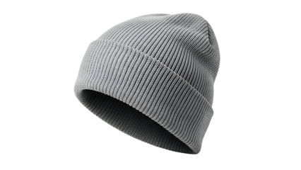 A close-up studio shot of a light gray, ribbed knit beanie hat isolated on black