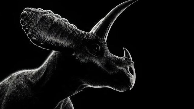 Isolated Triceratops Head Dramatic Low Key Black Background